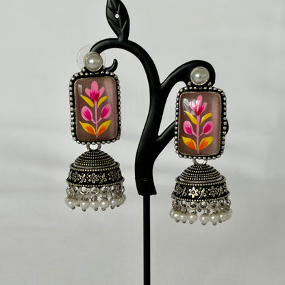 Oxidized Silver Hand Painted Mauve Floral Jhumka Earrings, Pink Flower Statement Earrings, Pearl Beaded Indian Earrings, Ethnic Jewelry