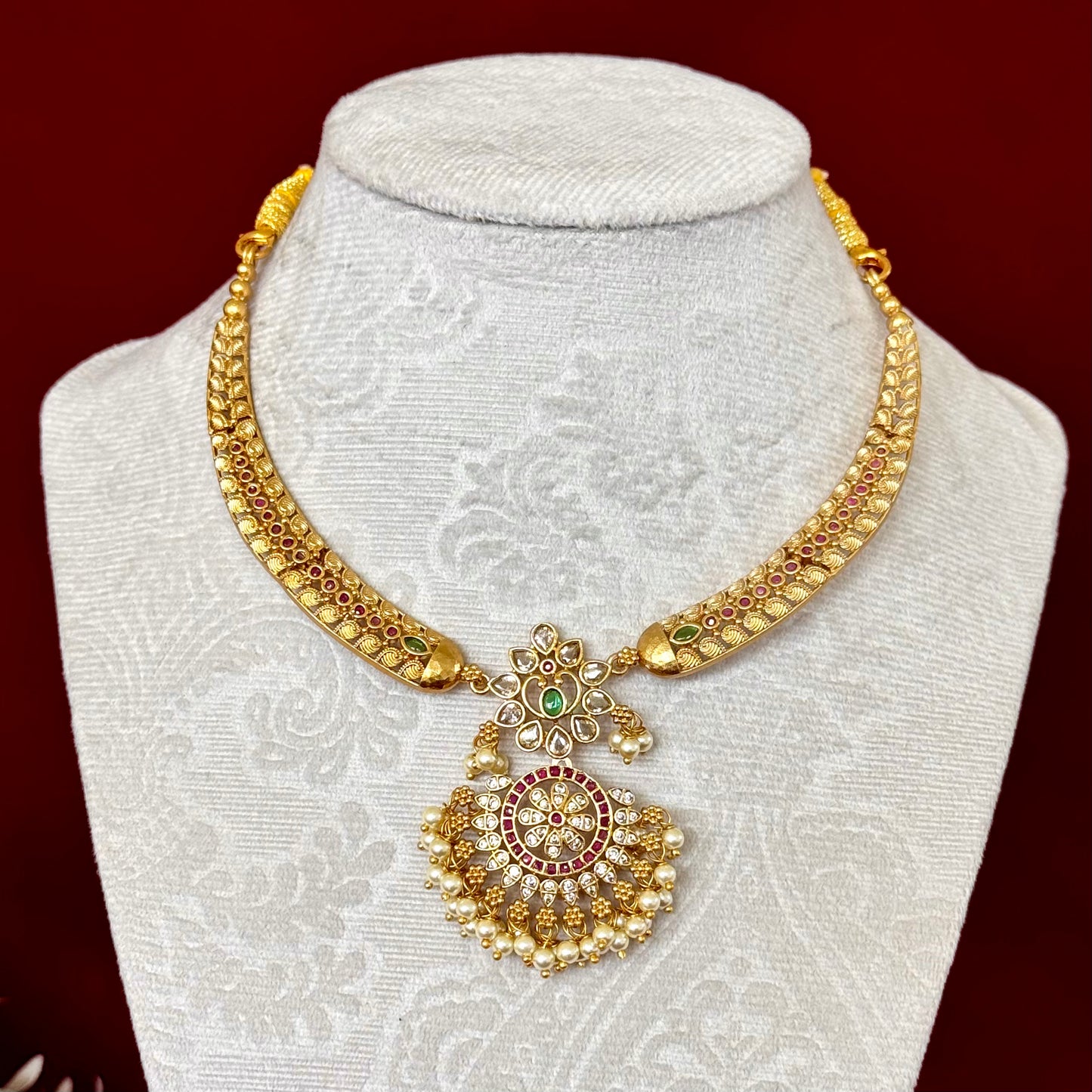 Antique Gold CZ Necklace Set with Jhumka Earrings, Pearl Hanging Pendant, Indian Bridal Jewelry, Ruby Green Choker, Wedding Set