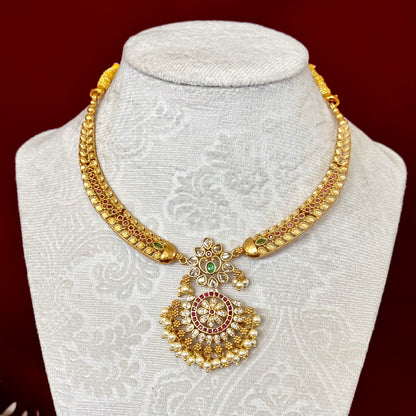 Antique Gold CZ Necklace Set with Jhumka Earrings, Pearl Hanging Pendant, Indian Bridal Jewelry, Ruby Green Choker, Wedding Set