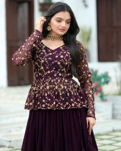 Elegant Wine Lehenga Choli Set | Heavy Embroidered Sequin Blouse with Full flair Crush Pleated Skirt | Wedding & Party Outfit