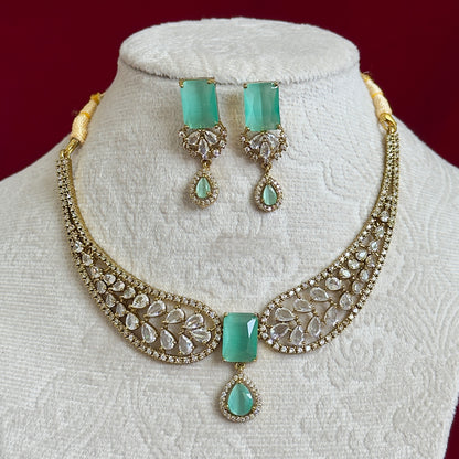 Turquoise CZ Necklace Set for Women, Gold Tone Statement Jewelry Set, Bridal Party Necklace Earrings Set, Indian Wedding Jewelry, Elegant P
