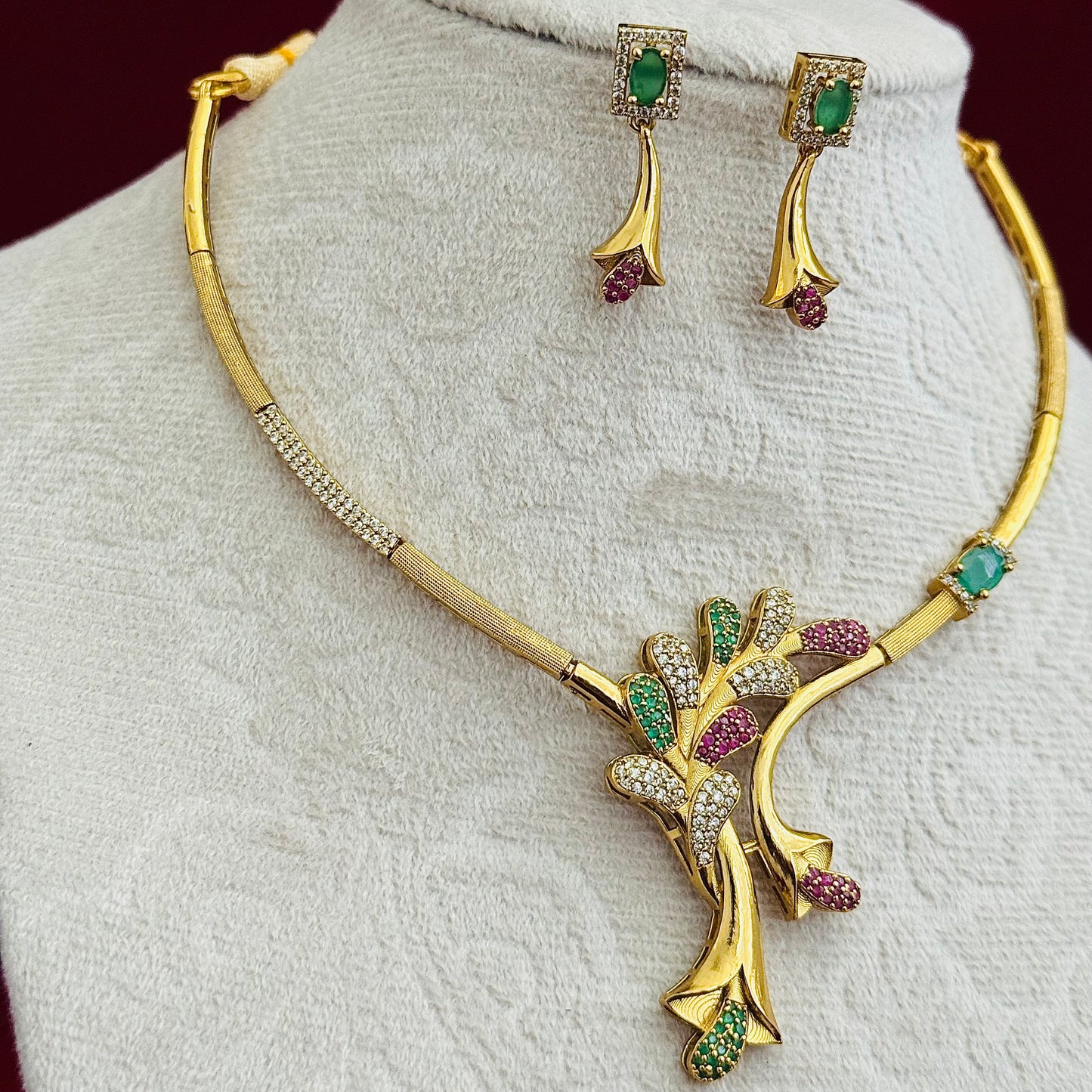 Designer CZ Floral Necklace Set, Gold Tone Statement Jewelry Set, Green Pink Stone Necklace, Party Wear Indian Jewelry, Modern Ethnic Gift