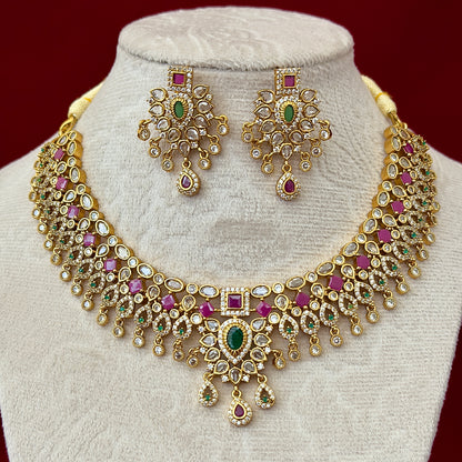 Kemp Stone Necklace Set, Ruby Green Indian Jewelry with Earrings, Traditional Bridal Necklace, South Indian Wedding Jewelry, Ships from USA