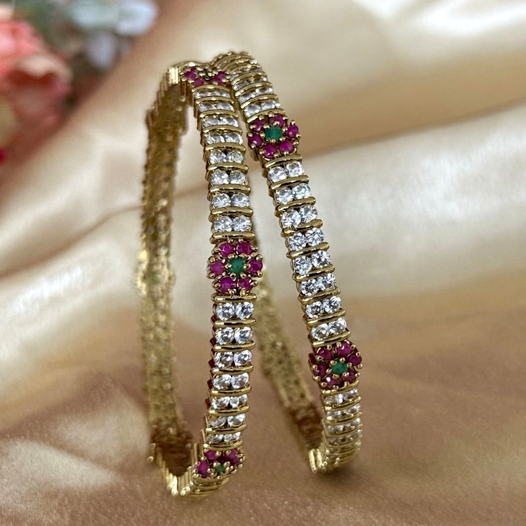 Elegant Gold Bangles Set with Ruby Emerald Floral Design | CZ Diamond Look Kada | Indian Wedding Bridal Jewelry | Gift for Her
