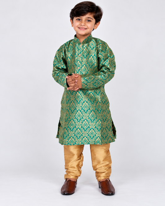 Boys Peacock Green Brocade Kurta Pajama Set, Kids Indian Ethnic Wear, Golden Pajama, Wedding Outfit, Diwali Festive Dress, Ships from USA