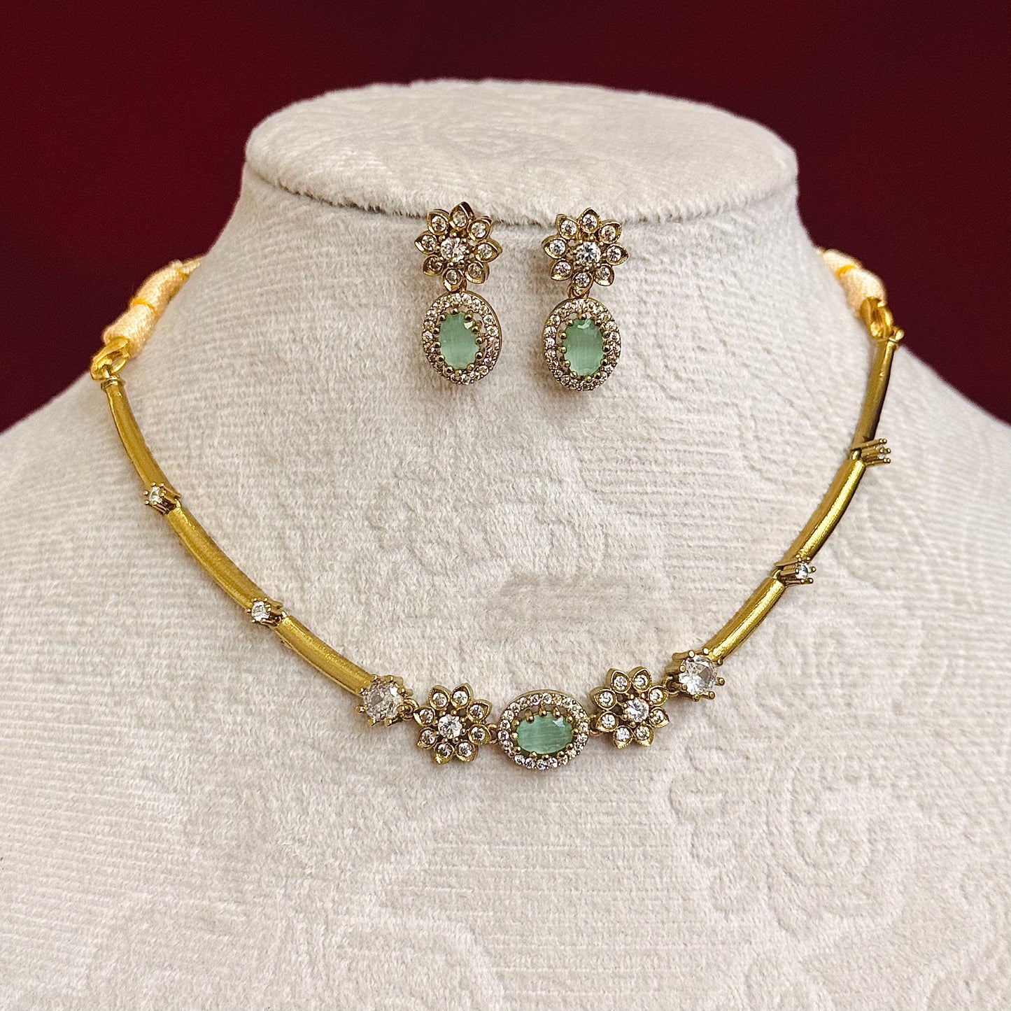 Mint Green Stone Necklace Set, Elegant Gold Floral Necklace, Indian Wedding Jewelry Set, CZ Diamond Necklace, Bridesmaid Jewelry, Party Wear
