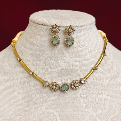 Mint Green Stone Necklace Set, Elegant Gold Floral Necklace, Indian Wedding Jewelry Set, CZ Diamond Necklace, Bridesmaid Jewelry, Party Wear