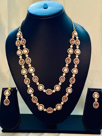 Mauve Stone Layered Necklace Set | Elegant Champagne Gold CZ Jewelry | Long Double Strand Necklace with Earrings | Indian Wedding Jewelry Set
