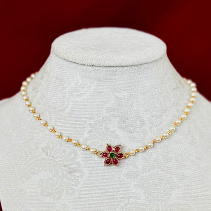 Ruby Green Floral Necklace Set, Pearl Chain Choker, Traditional Indian Jewelry, Temple Style Flower Pendant, Bridal Festive Necklace Earring
