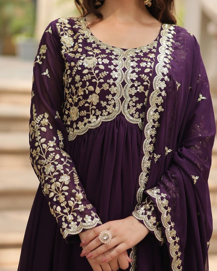 Designer Wine Long Gown with Dupatta | Zari & Sequins Embroidered Party Wear Dress