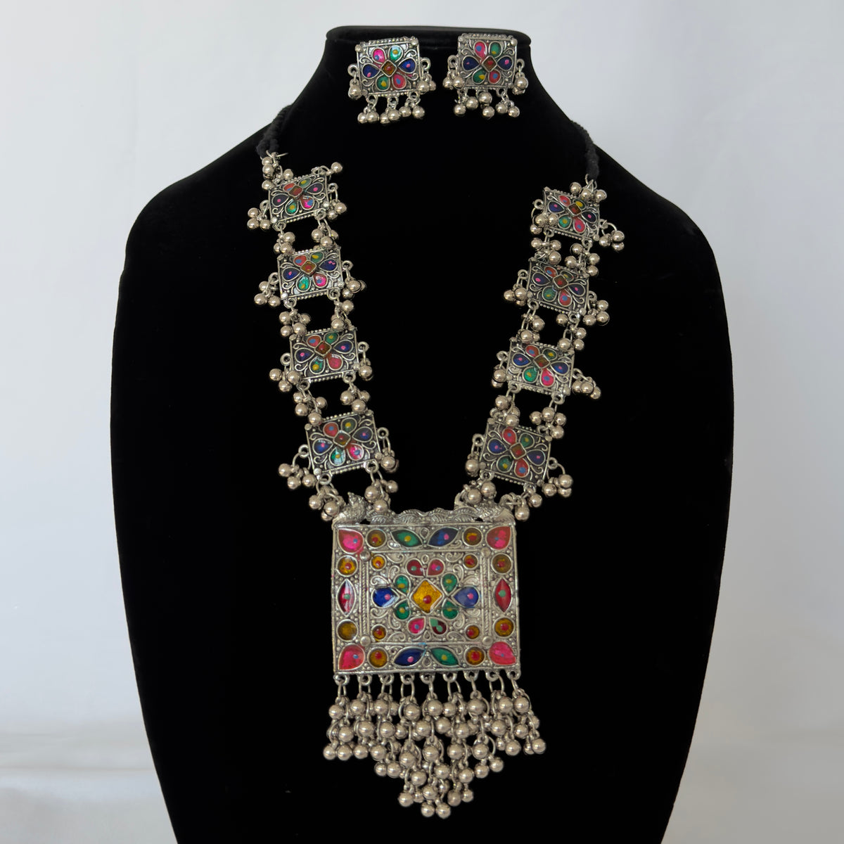 Oxidized Silver Necklace Set with Multicolor Enamel & Ghungroo, Indian Tribal Statement Jewelry, Boho Necklace Earrings Set, Festive Jewelry