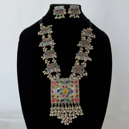 Oxidized Silver Necklace Set with Multicolor Enamel & Ghungroo, Indian Tribal Statement Jewelry, Boho Necklace Earrings Set, Festive Jewelry