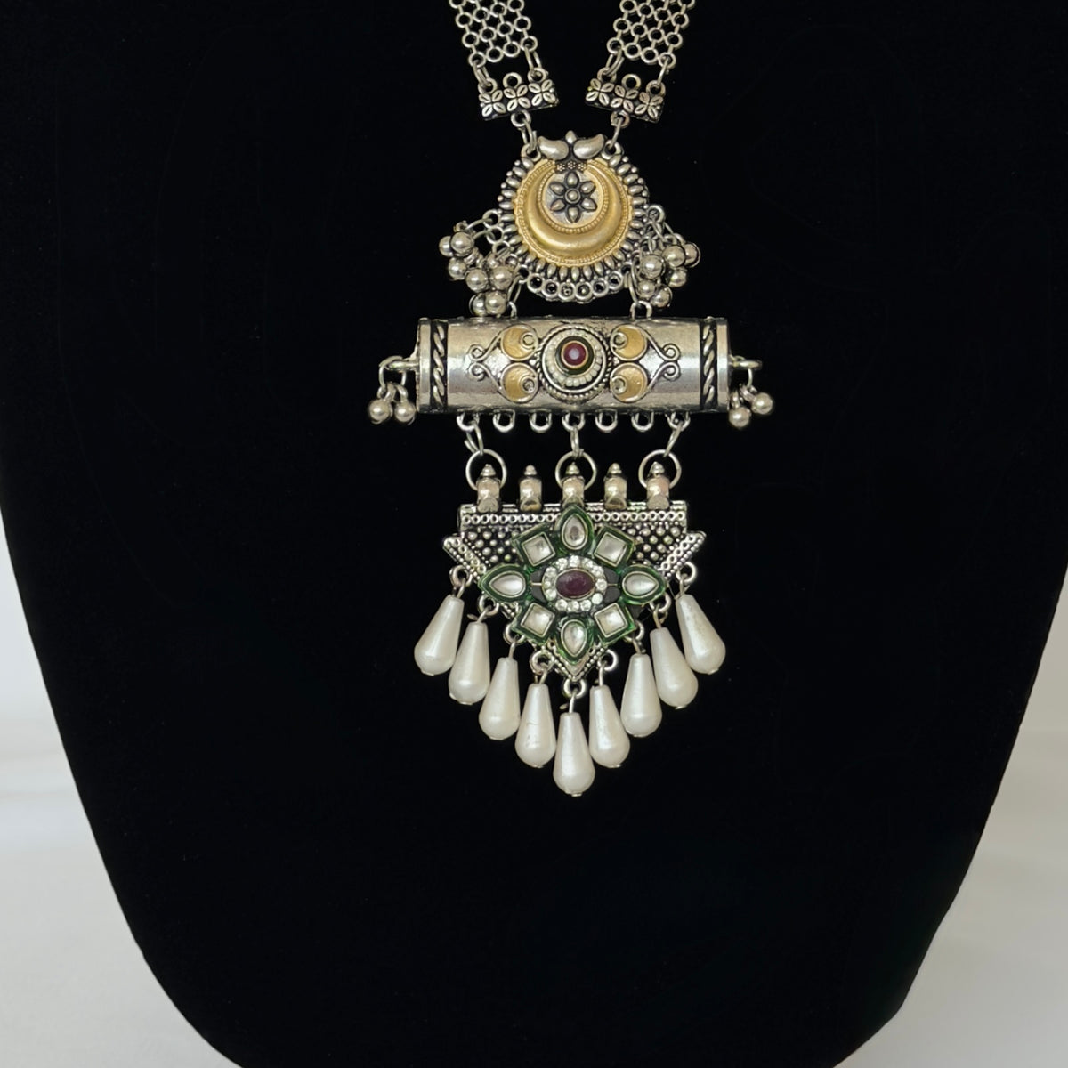 Oxidized Silver Long Necklace Set with Statement Pendant, Dual Tone Tribal Jewelry, Pearl Drop Earrings, Boho Indian Necklace, Festive Jewel