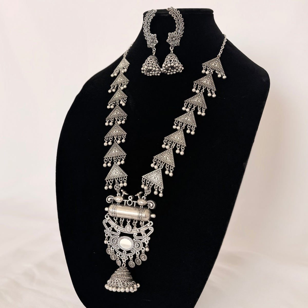 Oxidized Silver Long Necklace Set with Mirror Pendant & Jhumka Earrings, Tribal Statement Jewelry, Indian Boho Necklace Set