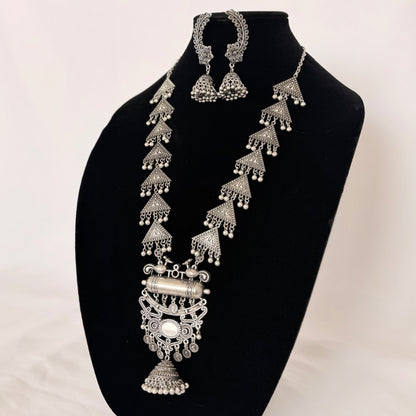 Oxidized Silver Long Necklace Set with Mirror Pendant & Jhumka Earrings, Tribal Statement Jewelry, Indian Boho Necklace Set