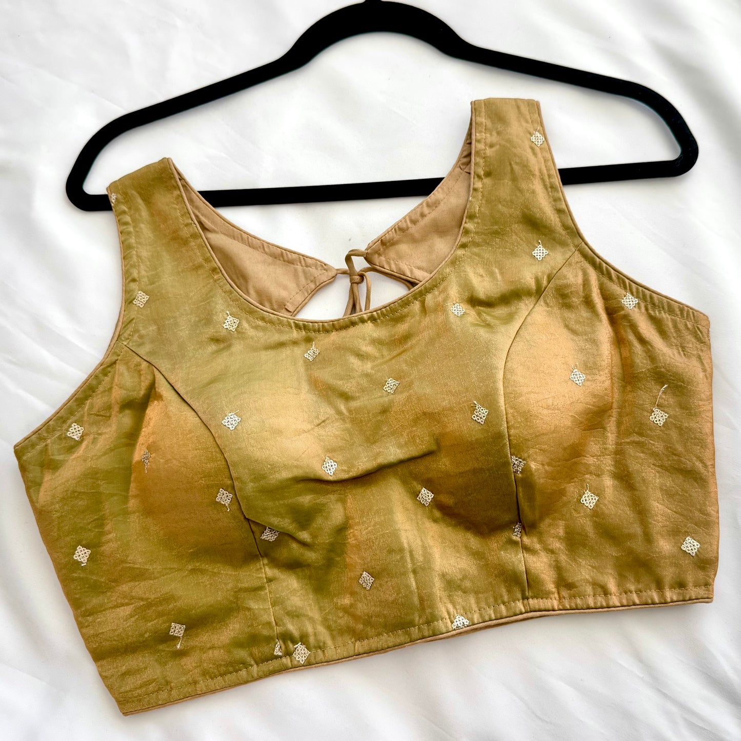 Gold Green Dual Tone Fandy Silk Blouse | Sequins Butti Work, Padded, Back Dori Tassels