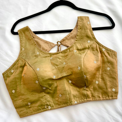 Gold Green Dual Tone Fandy Silk Blouse | Sequins Butti Work, Padded, Back Dori Tassels