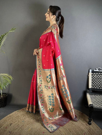 Rani Pink Semi Paithani Saree Soft Silk, Traditional Paithani Saree with Pink Border, Maharashtrian Wedding Saree, Festive Indian Saree