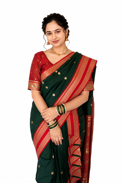 Ready to Wear Shahi Mastani Nauvari Saree | Bottle Green & Red Semi Silk Paithani | Fully Stitched 9 Yard Maharashtrian Saree with Blouse
