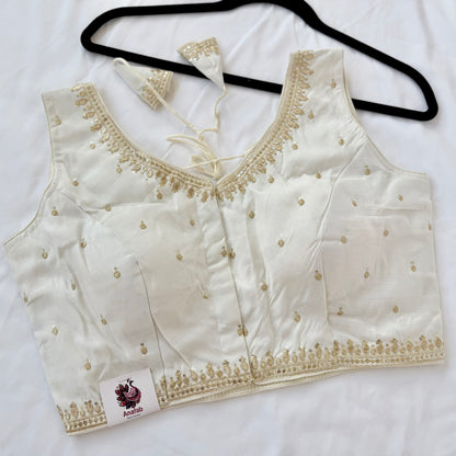 Ivory Jacquard Saree Blouse, Gold Embroidered Designer Blouse, Deep Back Neck Blouse with Latkan, Ready to Wear Indian Blouse, Crop top