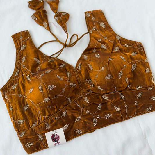 Antique Bronze Fendy Silk Blouse, Gold Sequin Butti Embroidery Saree Blouse, Readymade Indian Blouse, Padded Designer Blouse, lehenga blouse
