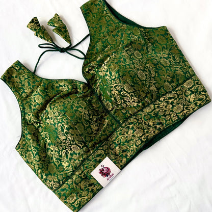 Emerald Green Brocade Blouse, Gold Designer Blouse, Padded Indian Blouse, Deep Back Ready to Wear Blouse, Wedding festive blouse, Crop top