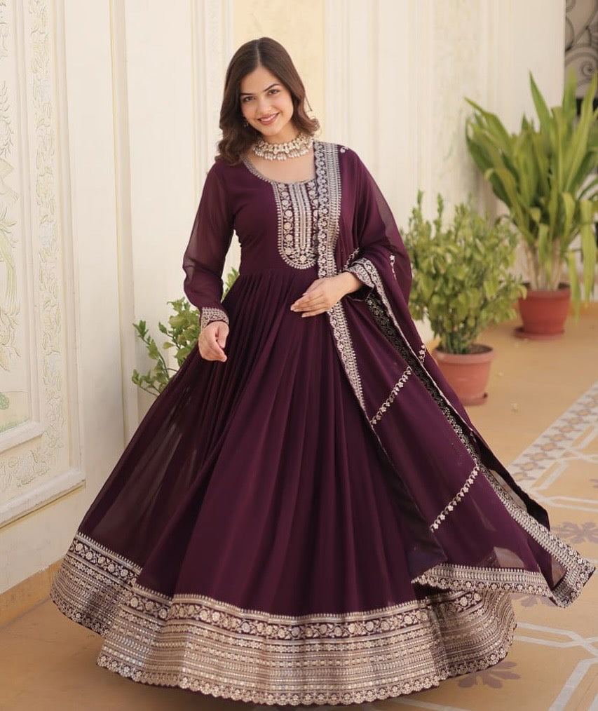 Wine Embroidered Gown with Dupatta | Fully Stitched Anarkali Style Dress | Indian Ethnic Wear for Weddings & Parties