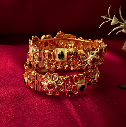 Floral Elephant Rajwadi Openable Kada Bangles | Antique Gold Traditional Bridal Jewelry
