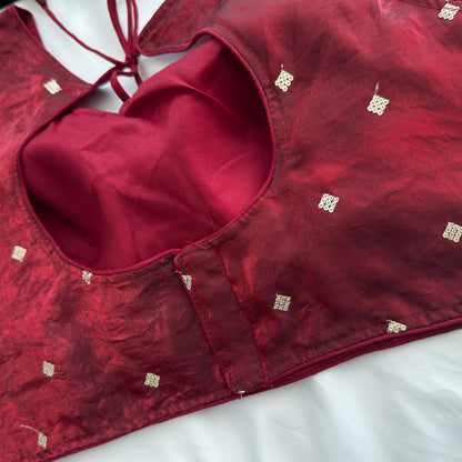 Maroon Fandy Silk Blouse | Sequins Butti Work, Padded Designer Saree Blouse (Ready to Wear)