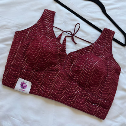 Designer Maroon Sleeveless Blouse with Heavy Sequin Work, Fancy blouse for Lehenga, Sarees, party wear Blouse, Top