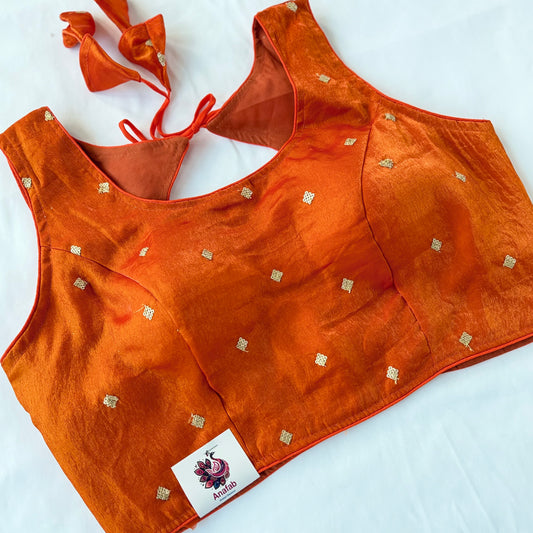 Orange Fendy Silk Saree Blouse, Gold Sequin Butti Work Blouse, Ready to Wear Indian Blouse, Designer Wedding Festive Blouse, Crop top