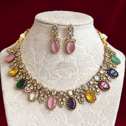 Multicolor Victorian Necklace Set for Women, Pastel Stone Statement Jewelry, Indian Wedding Necklace, CZ Party Wear Choker Set, Bridal Jewel