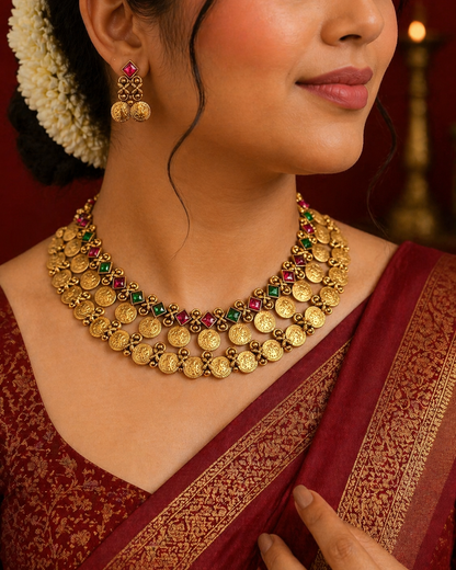 Temple Coin Necklace Set, Antique Gold Lakshmi Necklace, Red Green Stone Choker, South Indian Jewelry Set, Bridal Festive Necklace