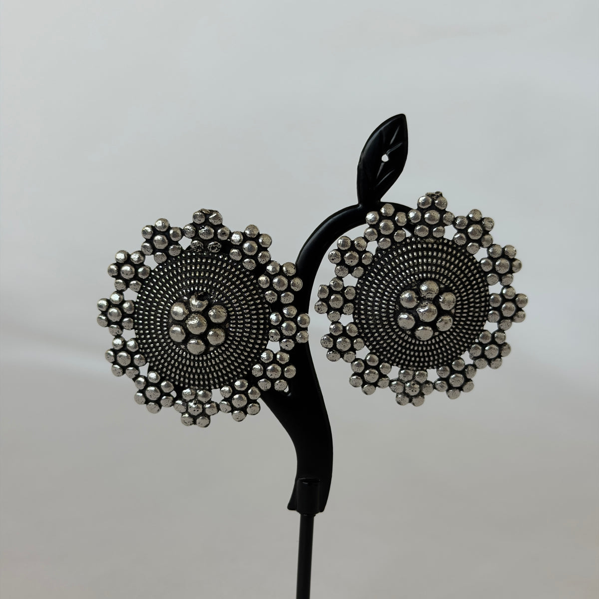 Oxidized Silver Round Stud Earrings, Floral Statement Earrings, German Silver Tribal Jewelry, Boho Ethnic Earrings, Indian Jewelry for Women