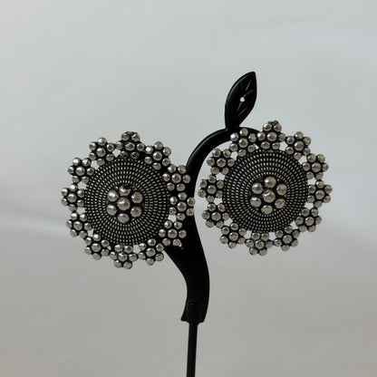 Oxidized Silver Round Stud Earrings, Floral Statement Earrings, German Silver Tribal Jewelry, Boho Ethnic Earrings, Indian Jewelry for Women