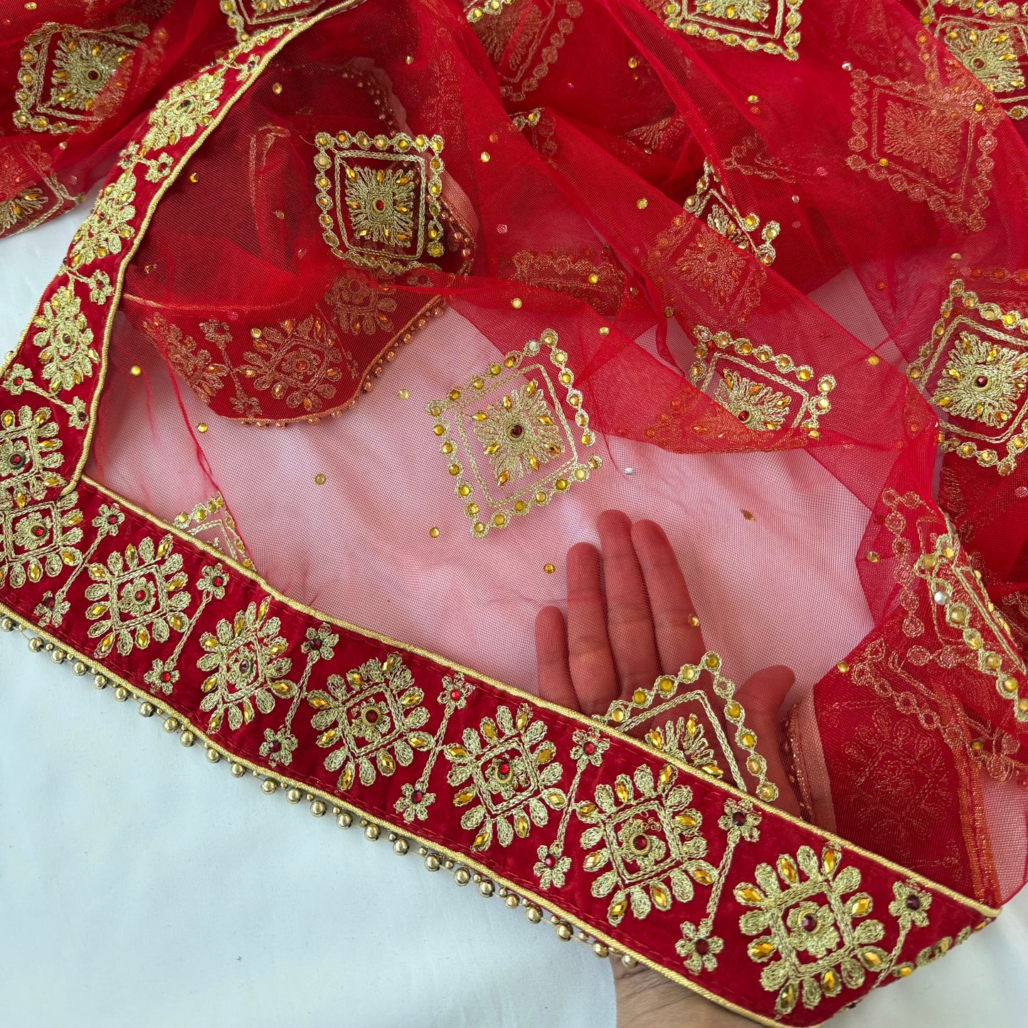 Red Bridal Net Dupatta with Heavy Embroidered Border | Wedding Chunni for Bride | Gold Zari & Sequin Work | Indian Dulhan Dupatta | Bridal Veil