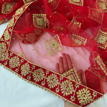 Red Bridal Net Dupatta with Heavy Embroidered Border | Wedding Chunni for Bride | Gold Zari & Sequin Work | Indian Dulhan Dupatta | Bridal Veil