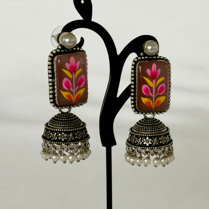 Oxidized Silver Hand Painted Mauve Floral Jhumka Earrings, Pink Flower Statement Earrings, Pearl Beaded Indian Earrings, Ethnic Jewelry