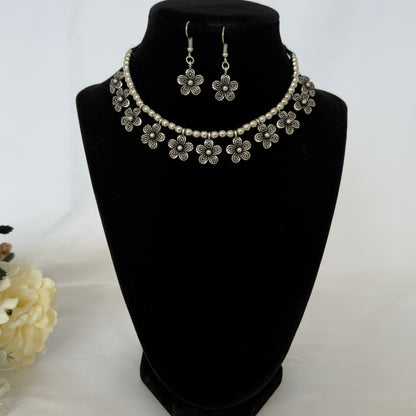 Kids Oxidized Silver Flower Necklace Set, Girls Floral Jewelry, Navratri Jewelry, Indian Festive Necklace Earrings, Oxidized Jewelry, gift for kids