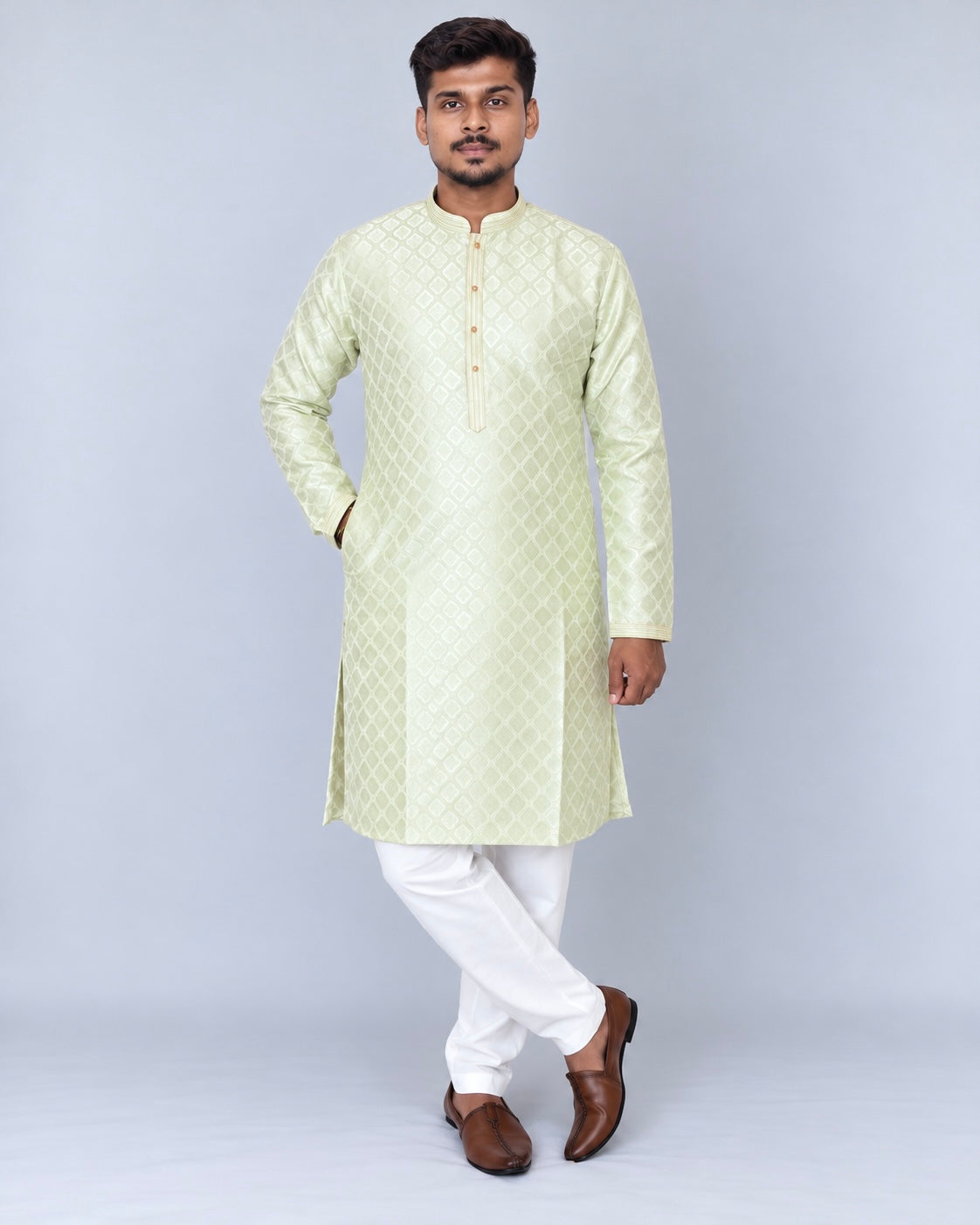 Men’s Pista Green Jacquard Kurta Pajama Set, Golden Woven Design Indian Traditional Outfit, Wedding Festive Wear, Diwali Kurta, Ships from U