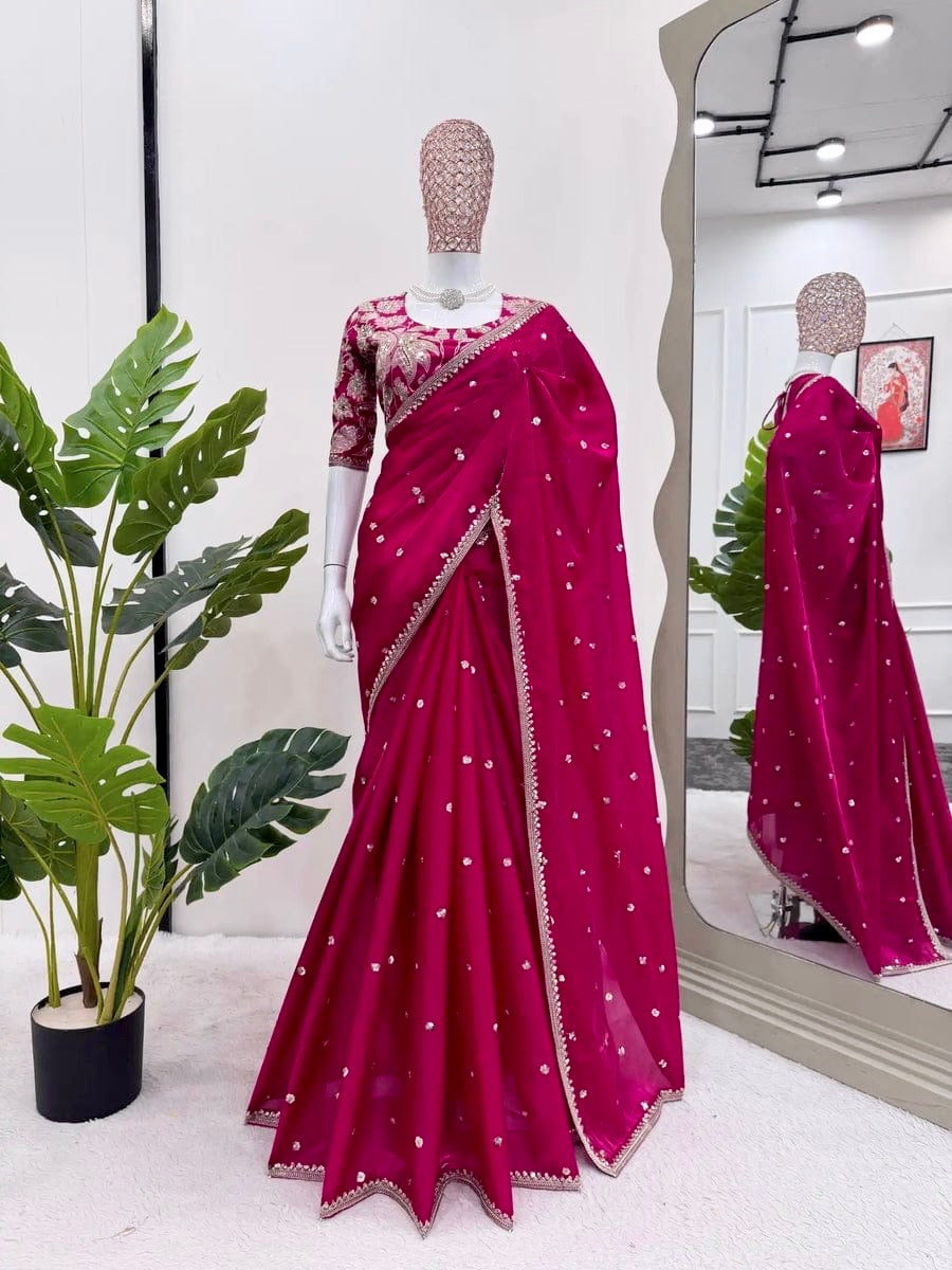 Designer Rani Pink Saree with Embroidered Readymade Blouse, Sequin Work Indian Saree, Wedding Guest saree & Festive Saree, Party Wear Saree