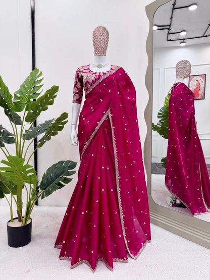Designer Rani Pink Saree with Embroidered Readymade Blouse, Sequin Work Indian Saree, Wedding Guest saree & Festive Saree, Party Wear Saree