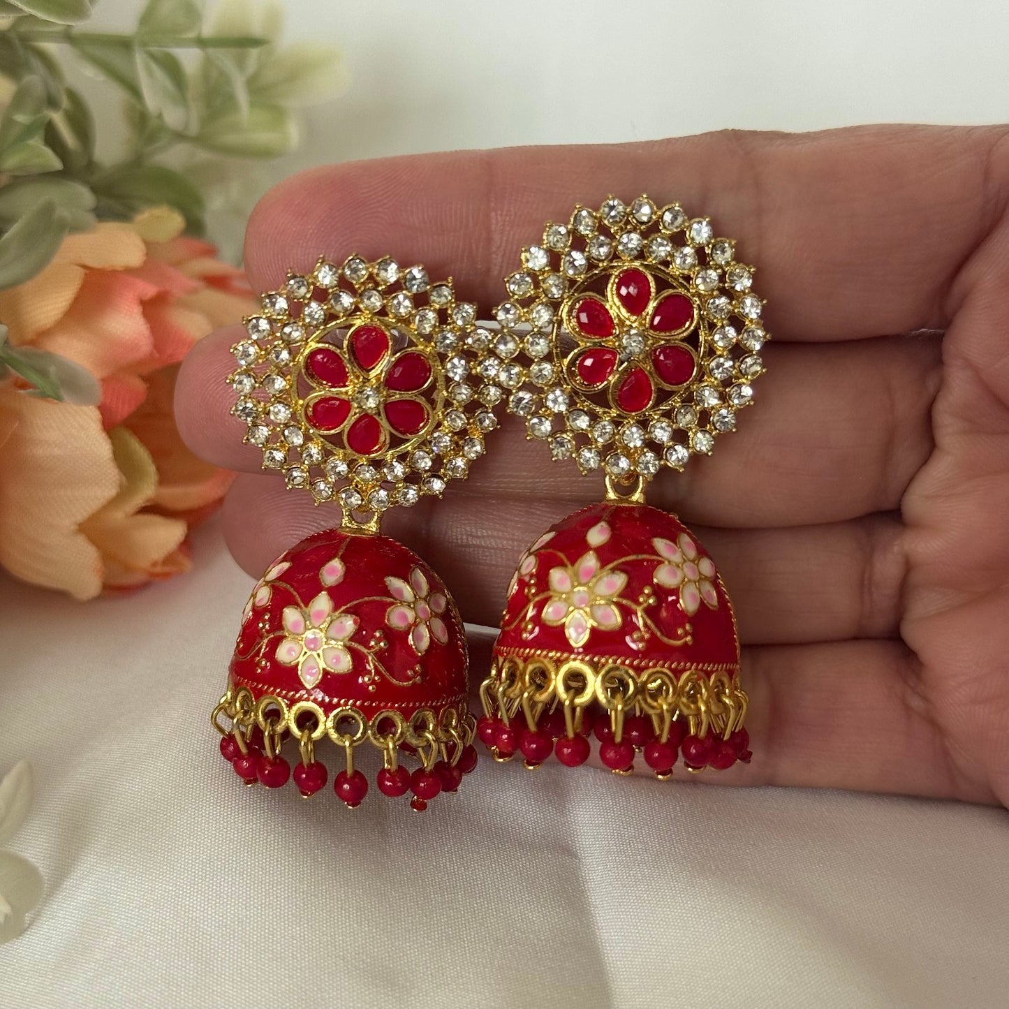 Red Kundan Jhumka Earrings, Floral Meenakari Jhumki, Indian Bridal Earrings, Gold Red Dome Earrings, Wedding Jewelry, Festive Ethnic Earring