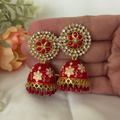 Red Kundan Jhumka Earrings, Floral Meenakari Jhumki, Indian Bridal Earrings, Gold Red Dome Earrings, Wedding Jewelry, Festive Ethnic Earring