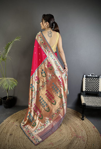 Rani Pink Semi Paithani Saree Soft Silk, Traditional Paithani Saree with Pink Border, Maharashtrian Wedding Saree, Festive Indian Saree