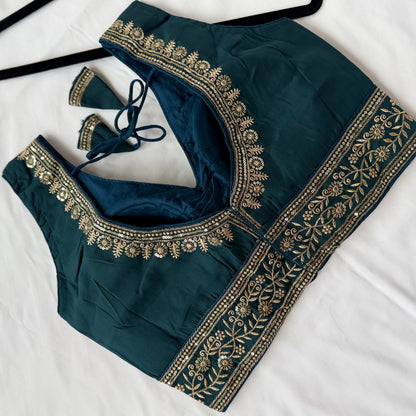 Teal Saree Blouse, Gold Zari Embroidered Blouse, Ready to Wear Indian Blouse, Sleeveless Designer Blouse, Wedding Festive Blouse, lehenga to