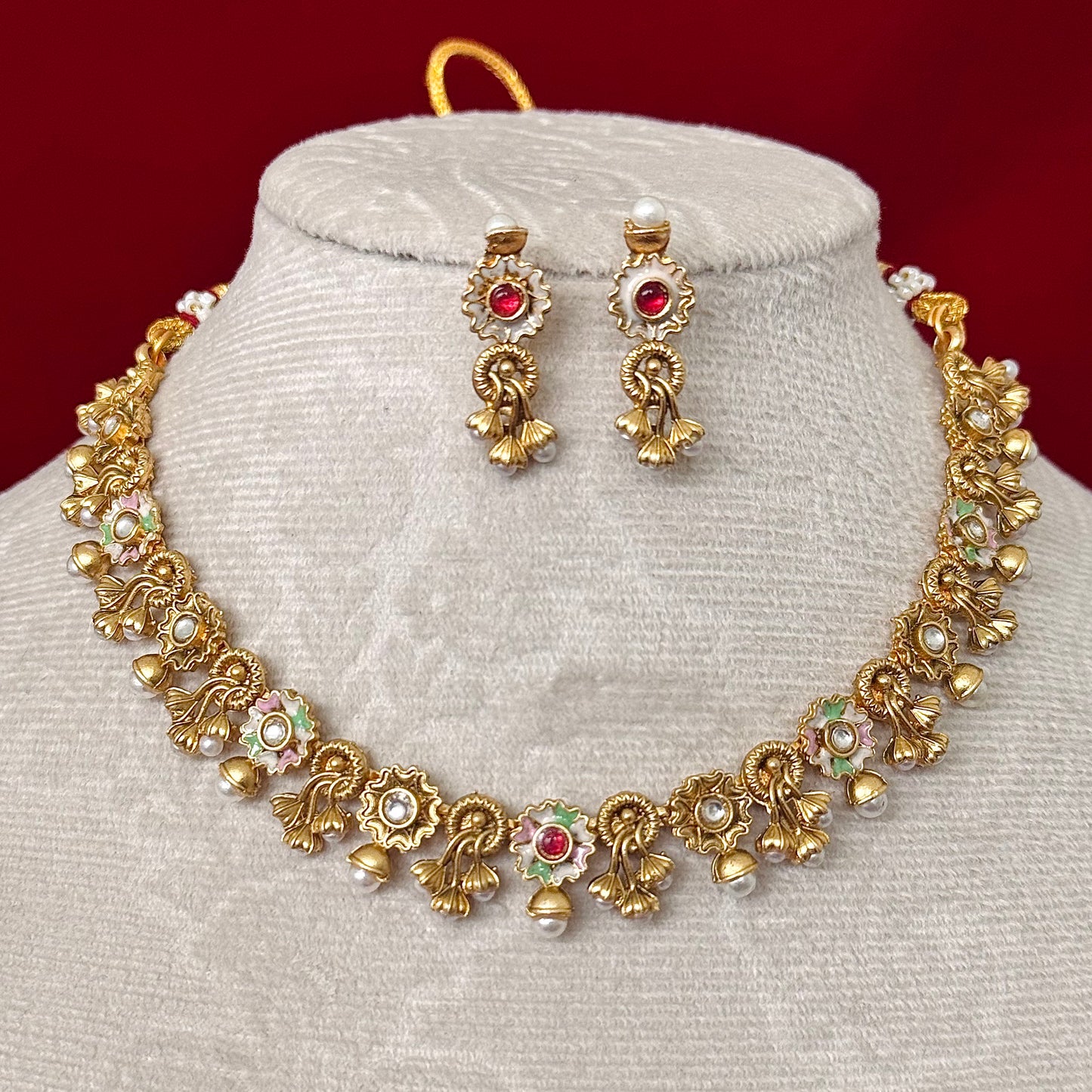 Majak Necklace Set | Antique Gold Floral Necklace Set | Pearl Drop Choker Necklace | Traditional Indian Jewelry | Wedding & Festive wear