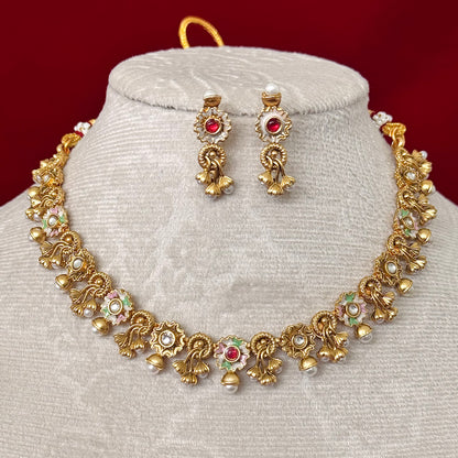 Majak Necklace Set | Antique Gold Floral Necklace Set | Pearl Drop Choker Necklace | Traditional Indian Jewelry | Wedding & Festive wear