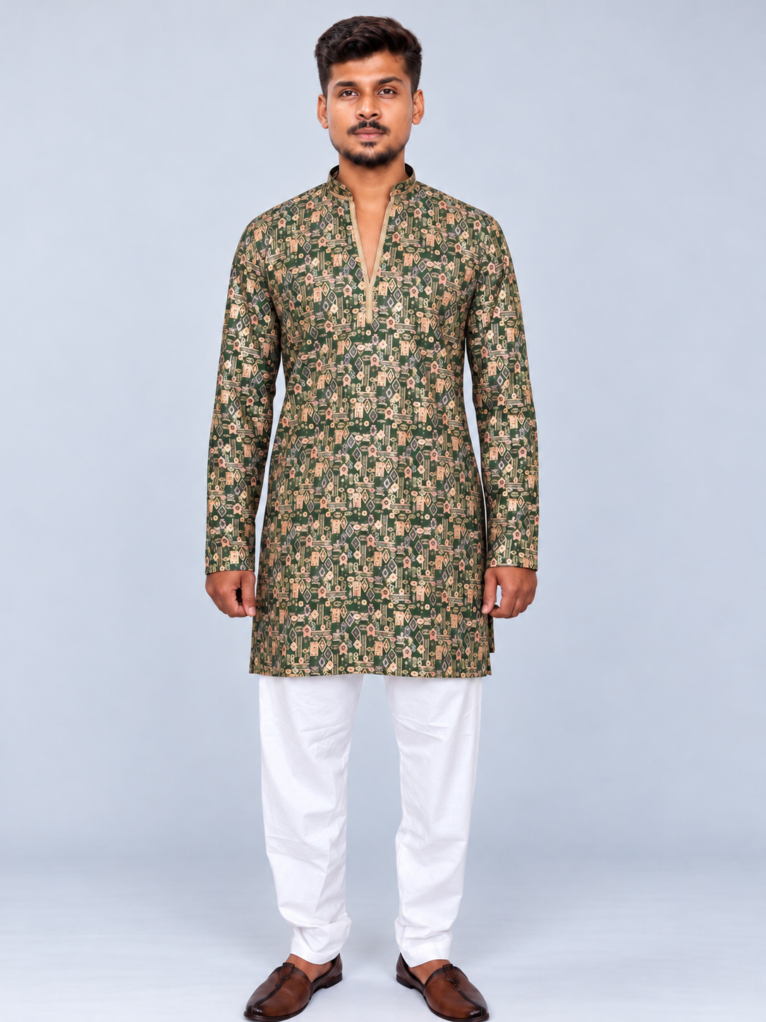 Men’s Green Printed Kurta Pajama Set, Armani Fabric Kurta with Golden Shine, Indian Ethnic Wear, Festive Diwali Wedding Outfit for Men