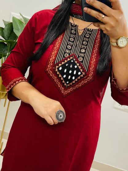 Red Dabu Cotton Suit Set with Dupatta, Kutch Work Kurta Set, Pure Cotton Salwar Suit, Ethnic Indian Suit for Women, Daily Wear Kurti Set